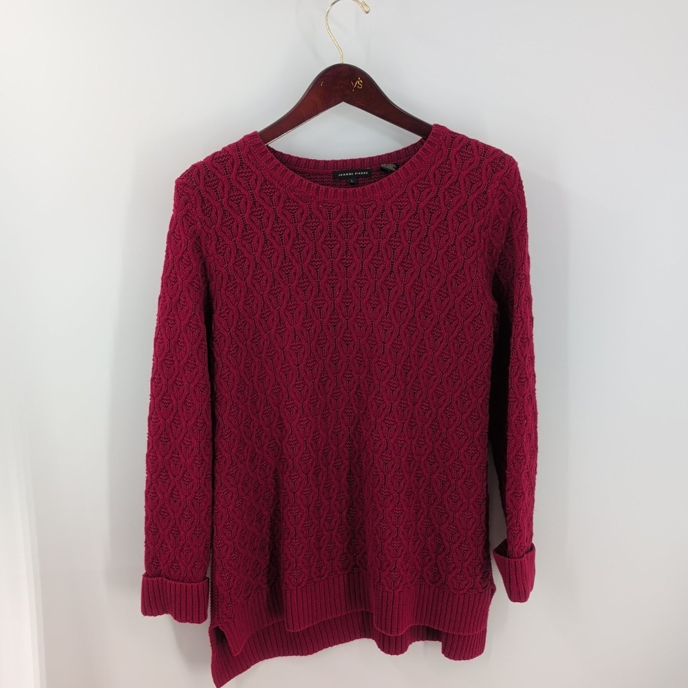 Jeanne Pierre Open Stitch Cable Knit Classic Pullover Sweater Maroon Red Size L‎